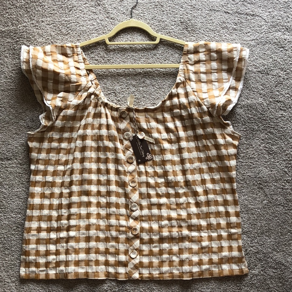 Matilda Jane Annabelle Plaid off-shoulder button-front blouse